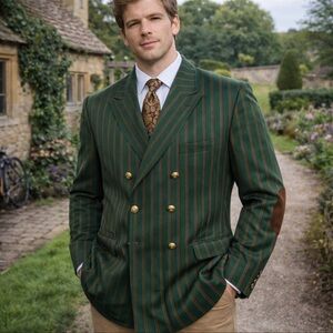 Vintage 70’s Long Forest Green w Red & Blue Pin-stripes Blazer Sports Jacket